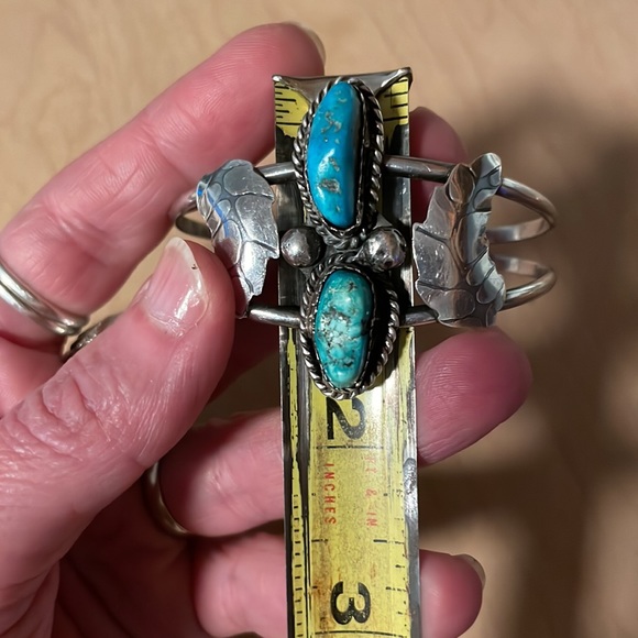 Old Pawn Large Two Turquoise Stone Sterling Cuff Beautiful! - Picture 7 of 11